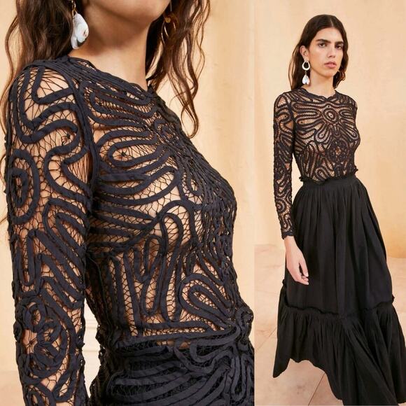 Ulla Johnson Handmade Nomi Silk-Blend Sheer Lace Top Noir Black Size US 2 - Picture 1 of 10